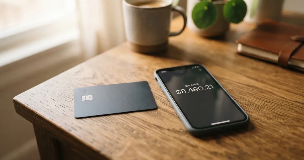 A payment card next to a phone with a crypto wallet app open