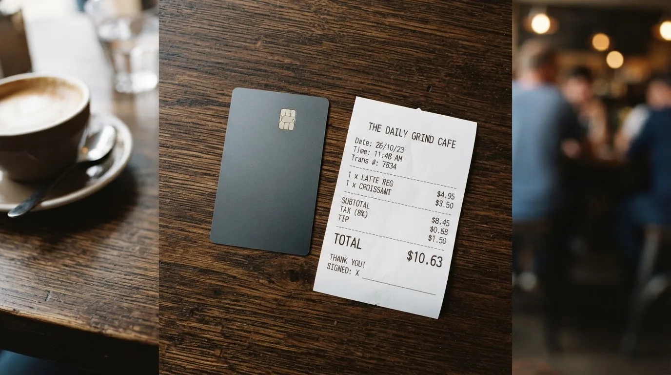 A receipt and a card on a café table