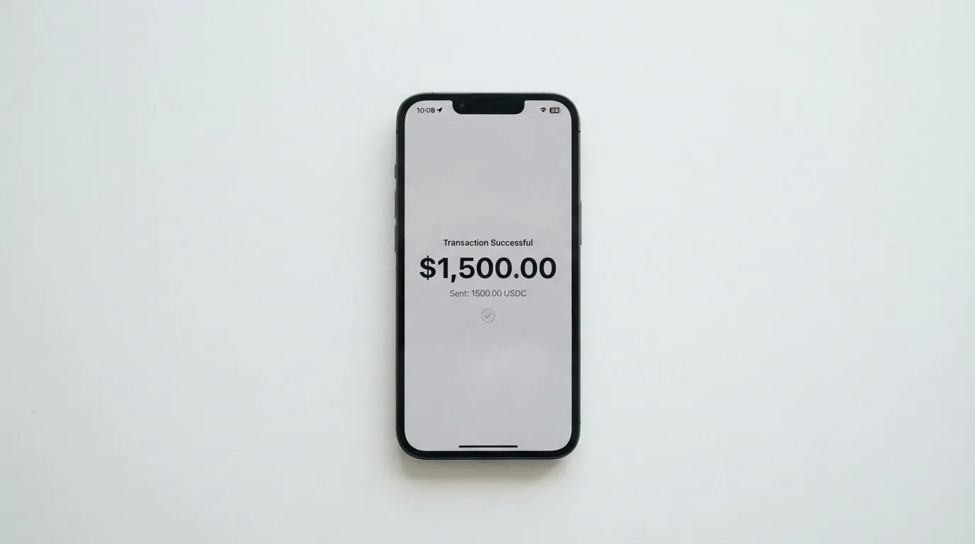 A phone showing a stablecoin transfer screen