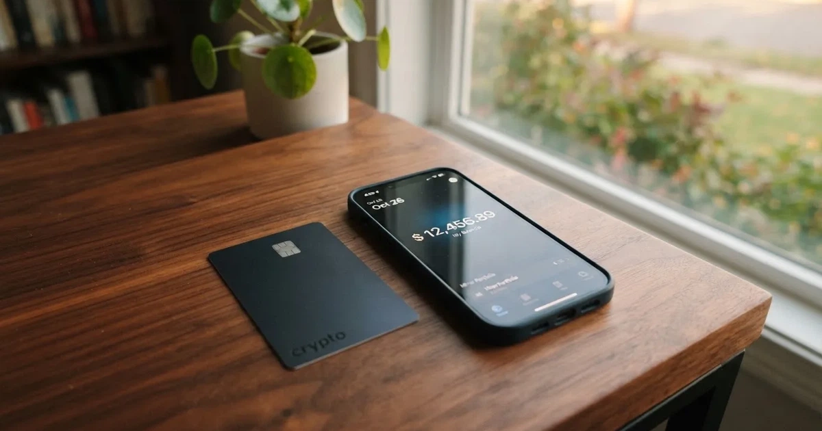A payment card next to a phone with a crypto wallet app open