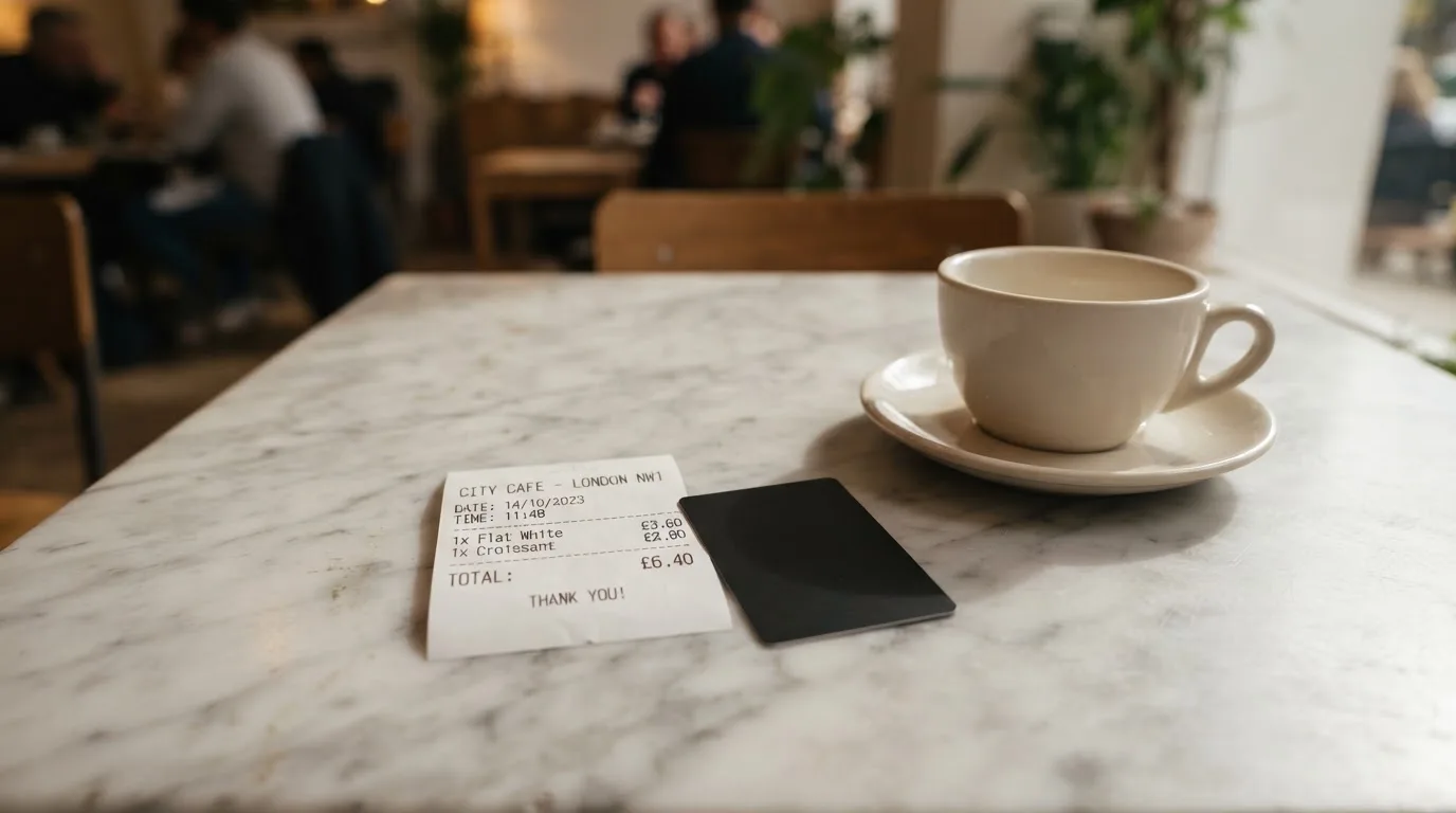 A receipt and a card on a café table