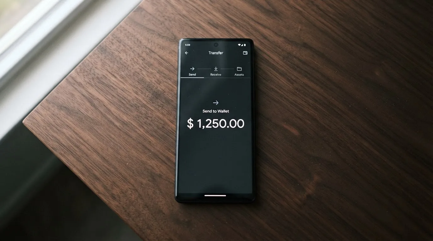 A phone showing a stablecoin transfer screen