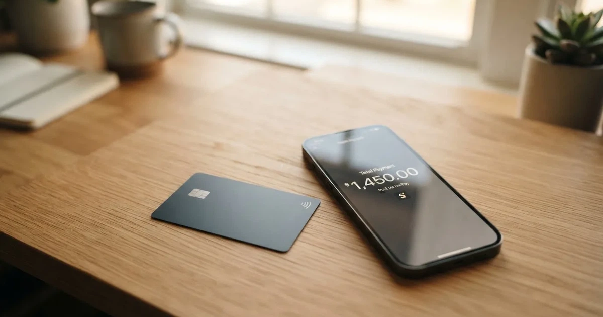 A payment card next to a phone with a crypto wallet app open