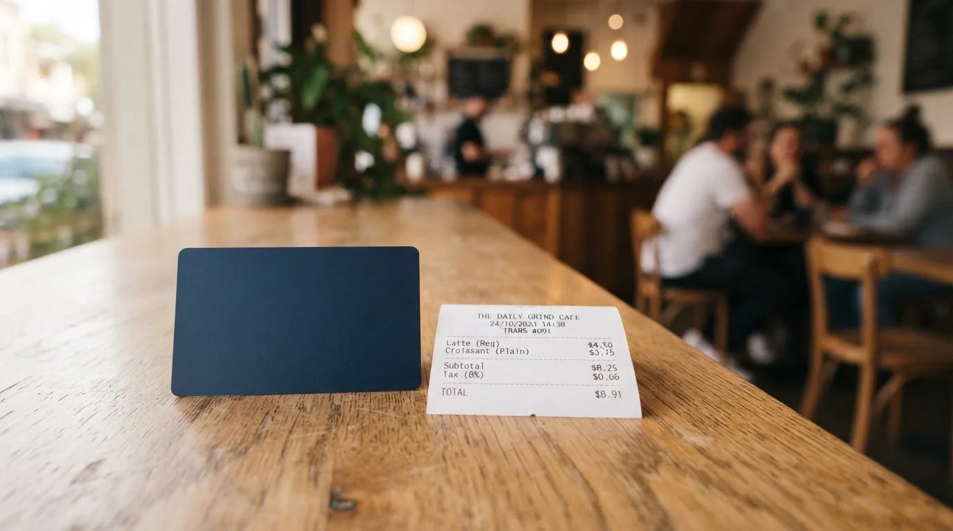 A receipt and a card on a café table