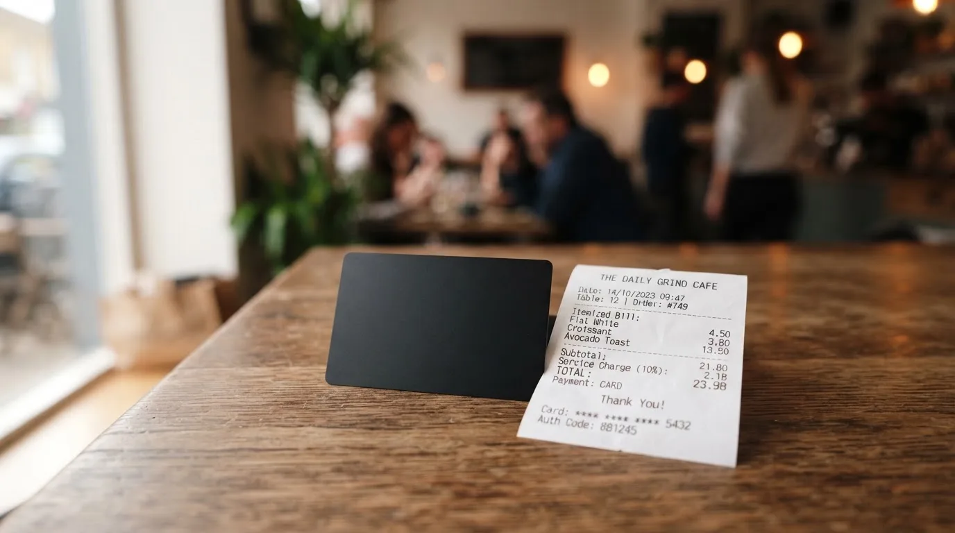 A receipt and a card on a café table