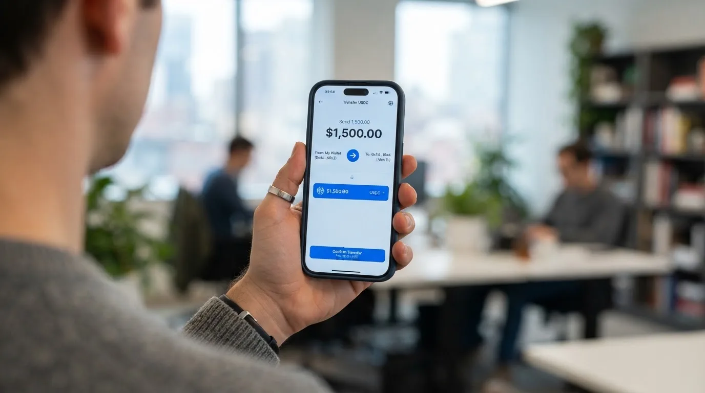 A phone showing a stablecoin transfer screen