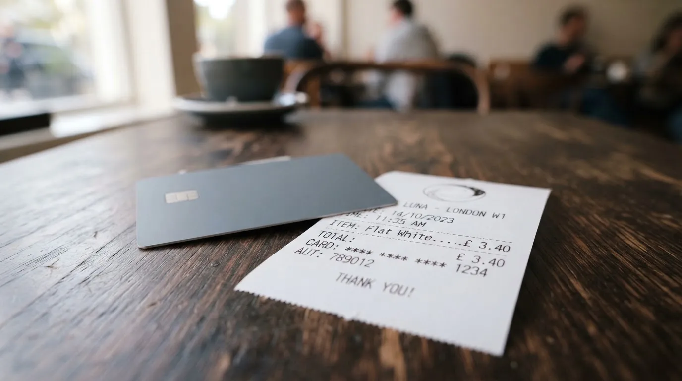 A receipt and a card on a café table