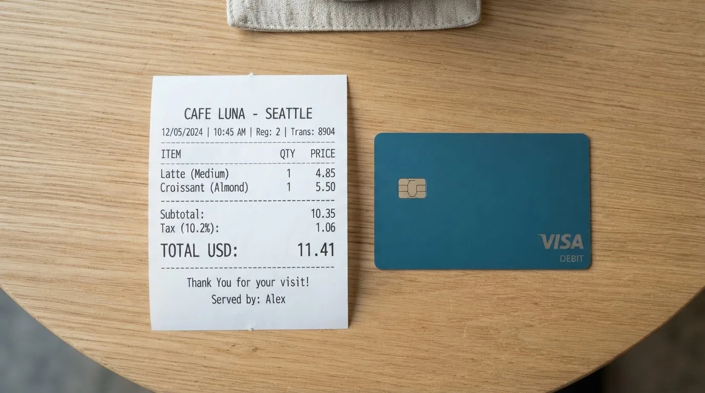 A receipt and a card on a café table