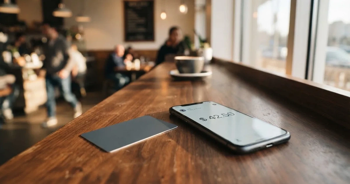 A payment card next to a phone with a crypto wallet app open
