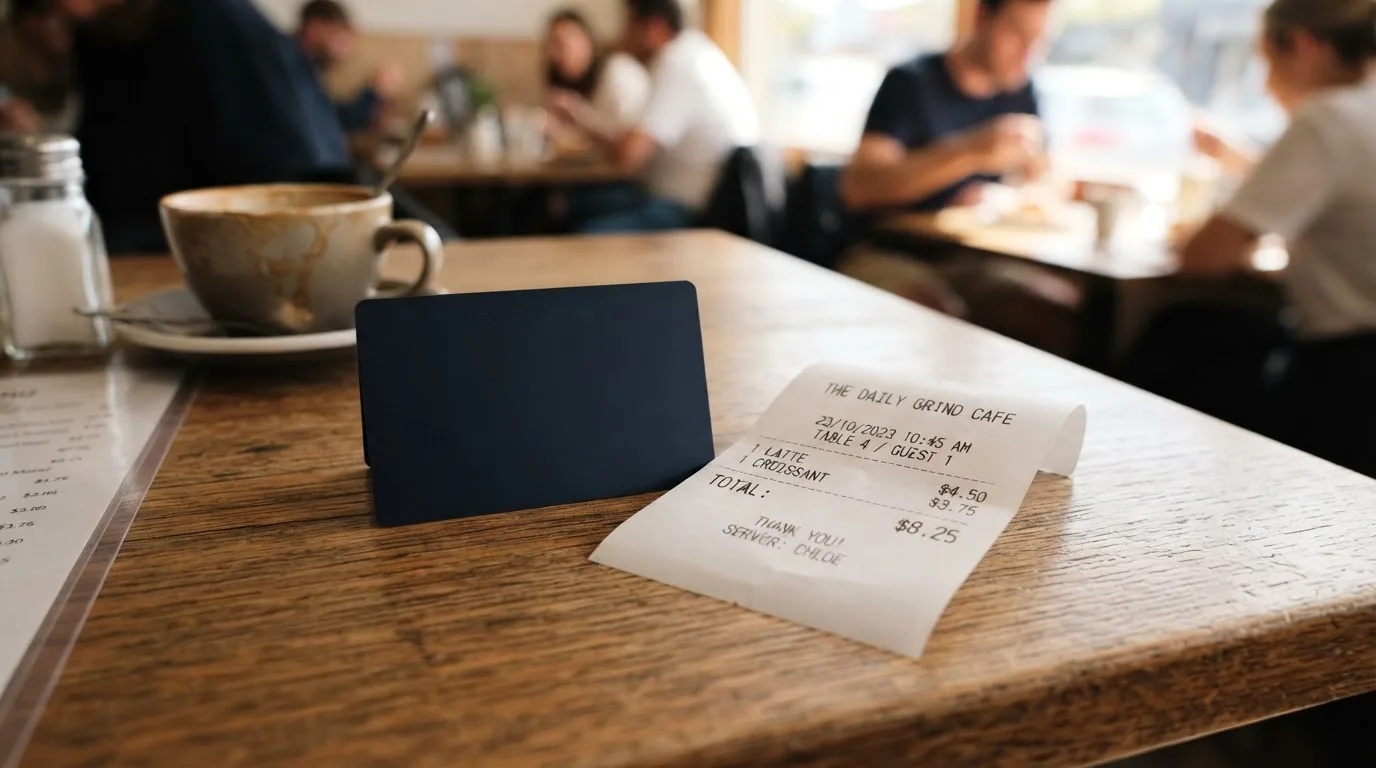 A receipt and a card on a café table