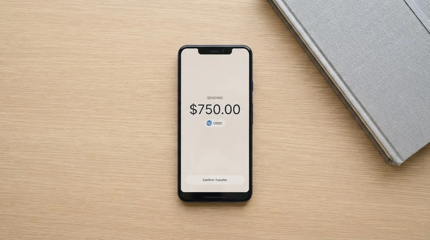 A phone showing a stablecoin transfer screen