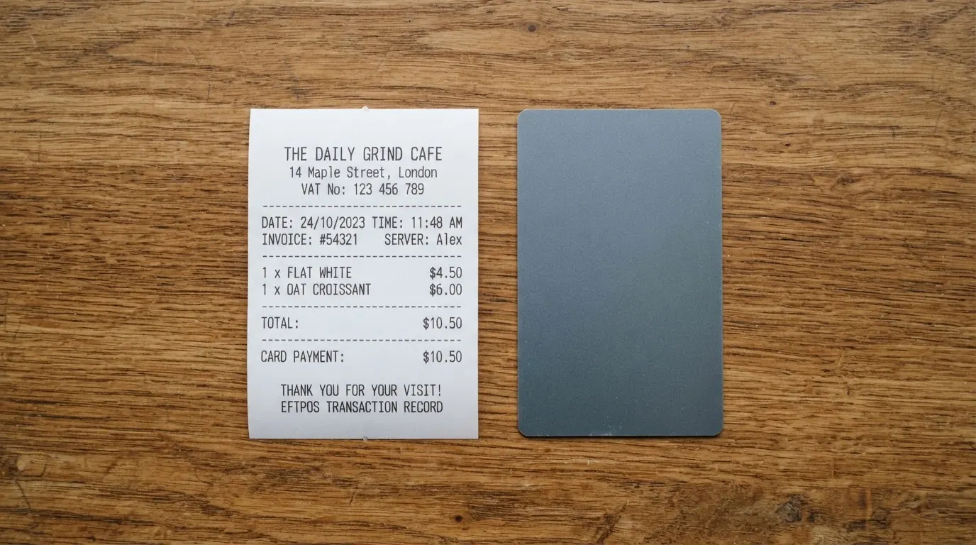 A receipt and a card on a café table