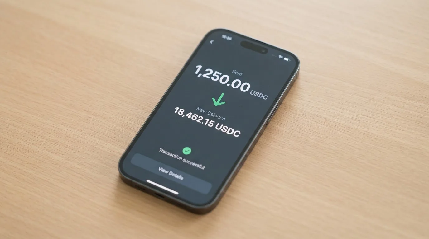 A phone showing a stablecoin transfer screen