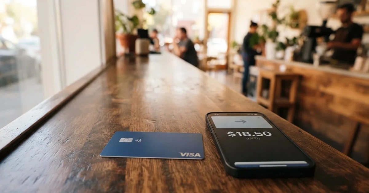 A payment card next to a phone with a crypto wallet app open