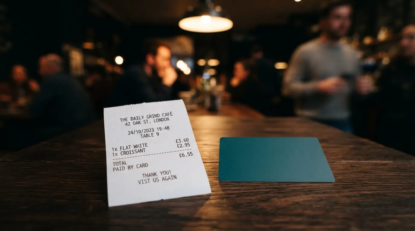 A receipt and a card on a café table