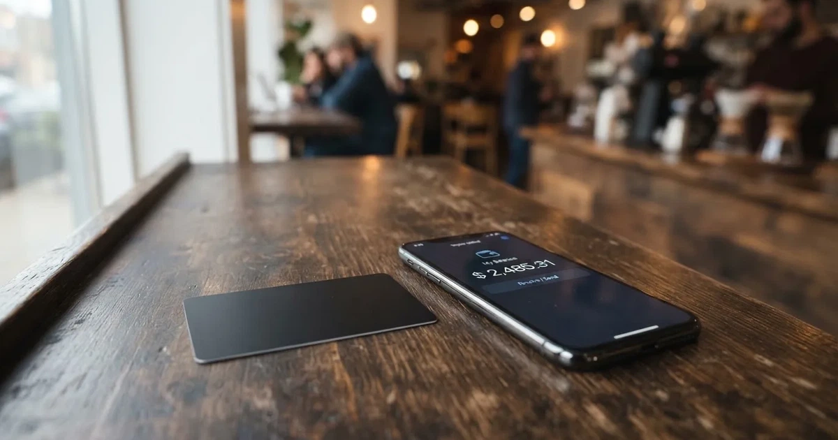 A payment card next to a phone with a crypto wallet app open