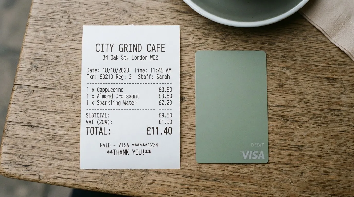 A receipt and a card on a café table