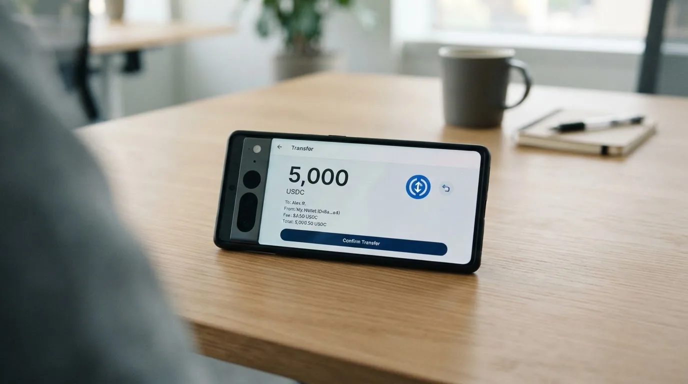 A phone showing a stablecoin transfer screen