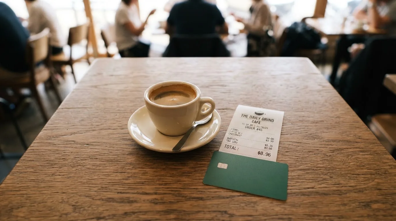 A receipt and a card on a café table