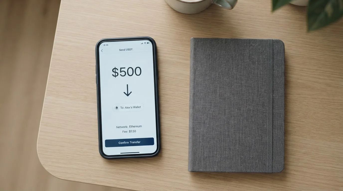 A phone showing a stablecoin transfer screen