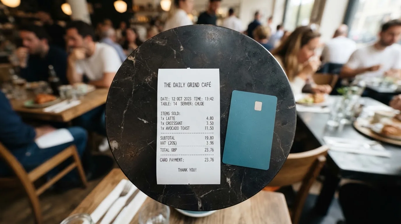 A receipt and a card on a café table
