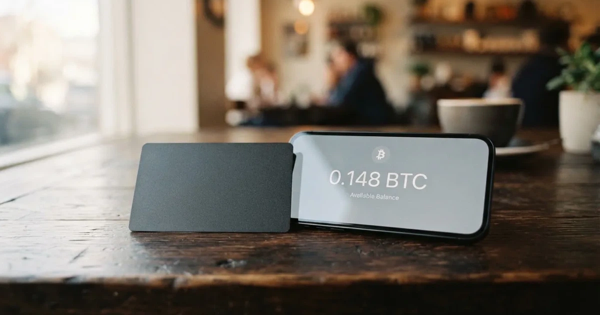 A payment card next to a phone with a crypto wallet app open