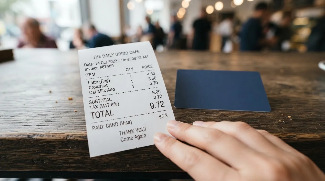 A receipt and a card on a café table