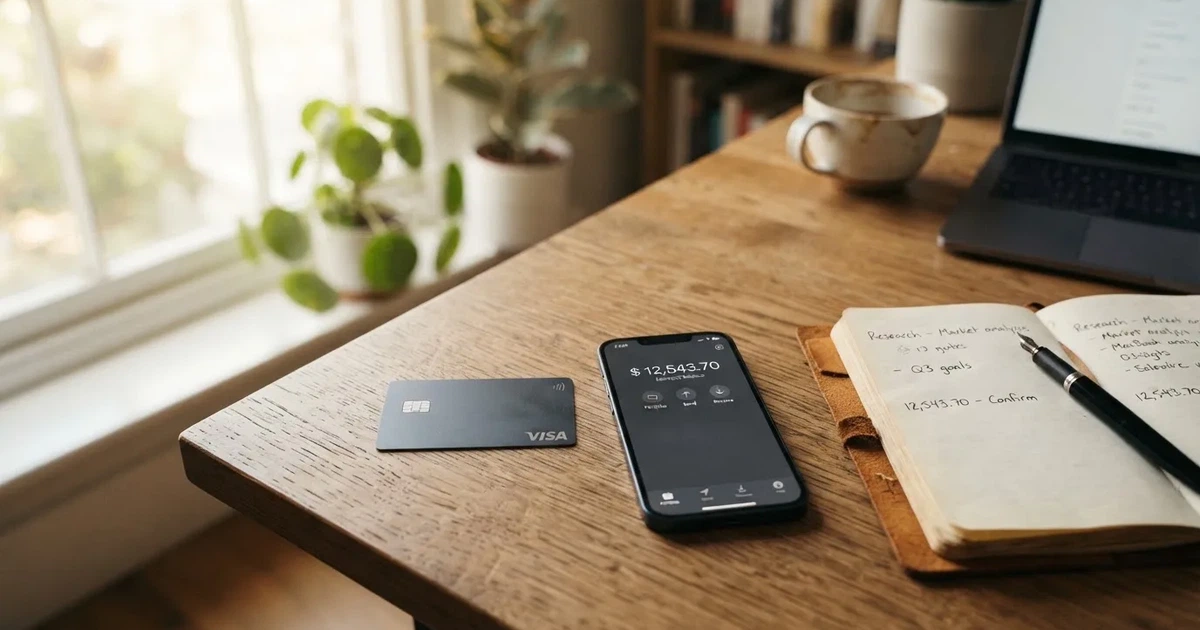 A payment card next to a phone with a crypto wallet app open