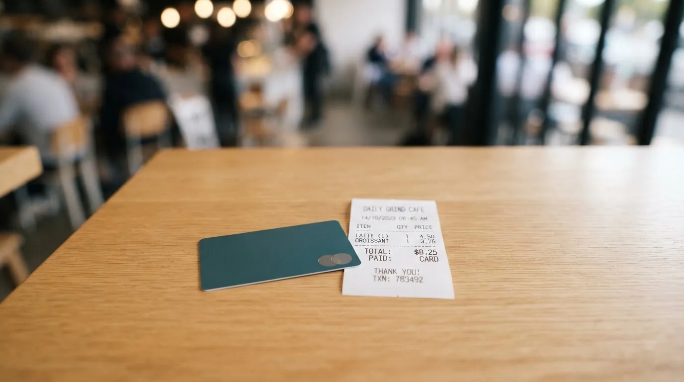A receipt and a card on a café table