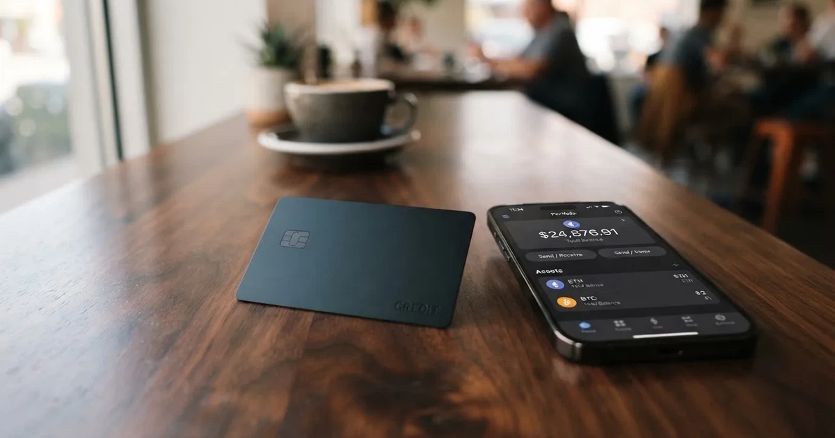 A payment card next to a phone with a crypto wallet app open