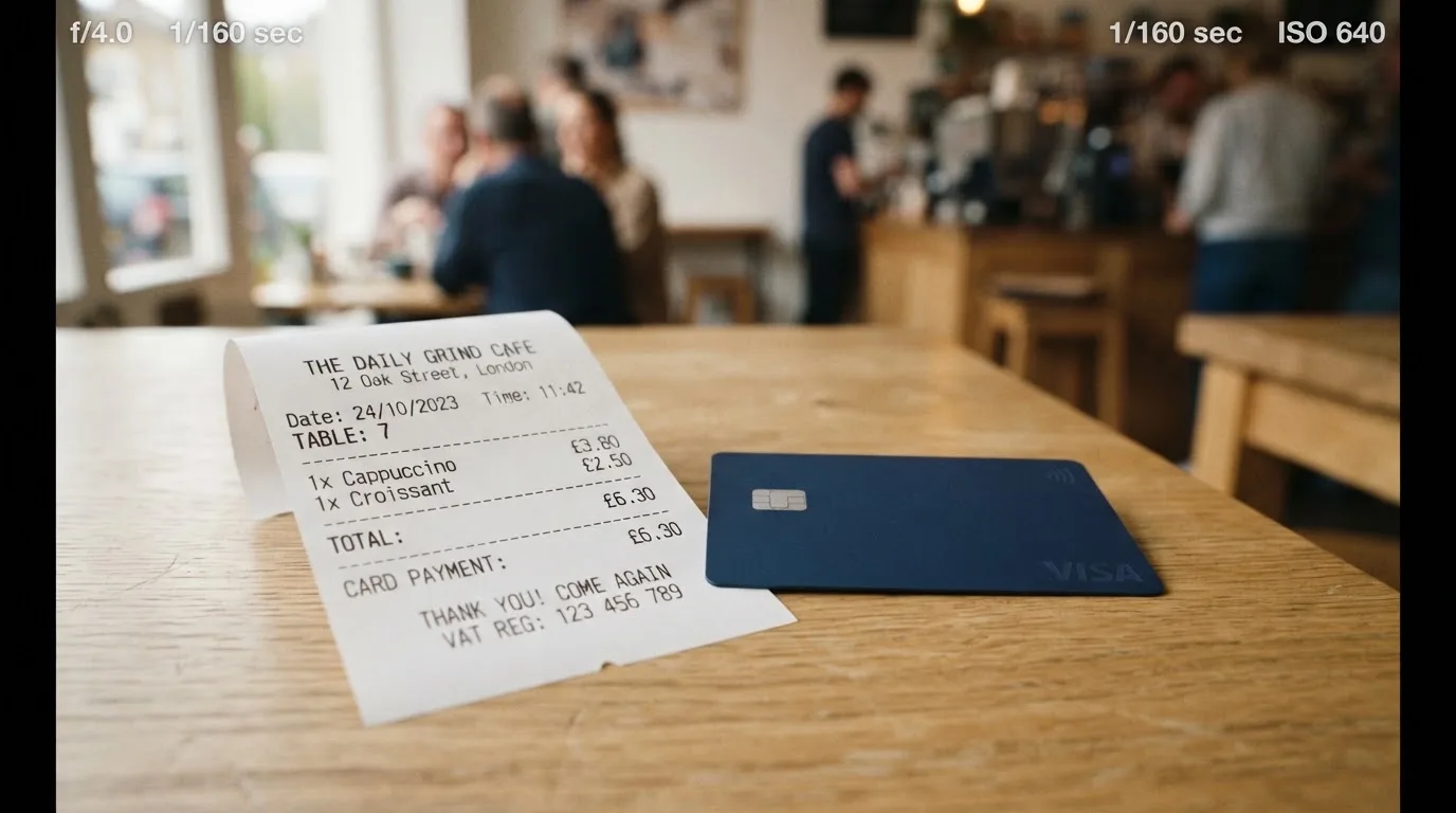 A receipt and a card on a café table
