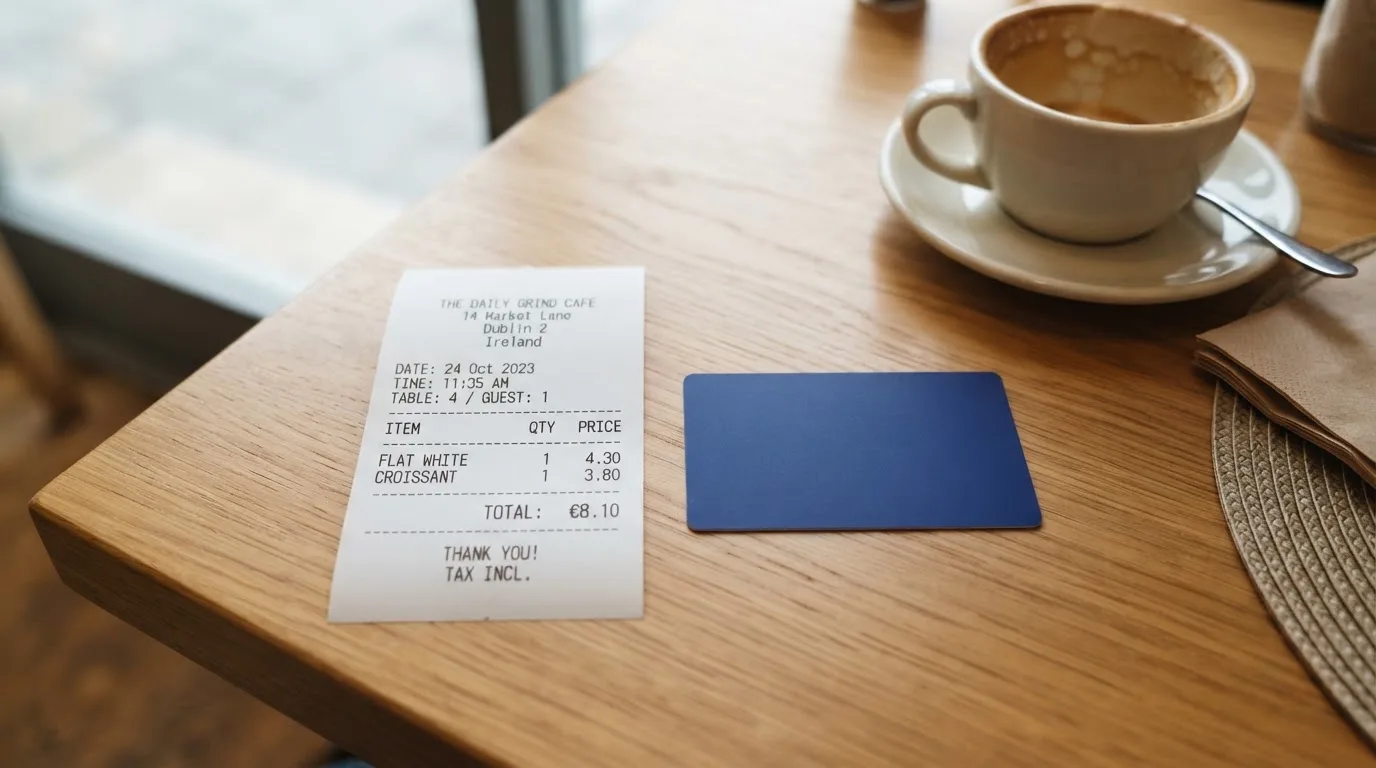 A receipt and a card on a café table