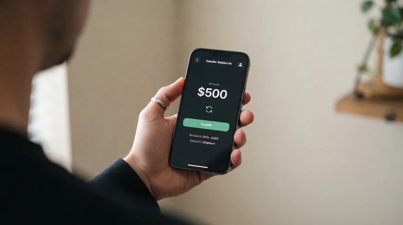 A phone showing a stablecoin transfer screen