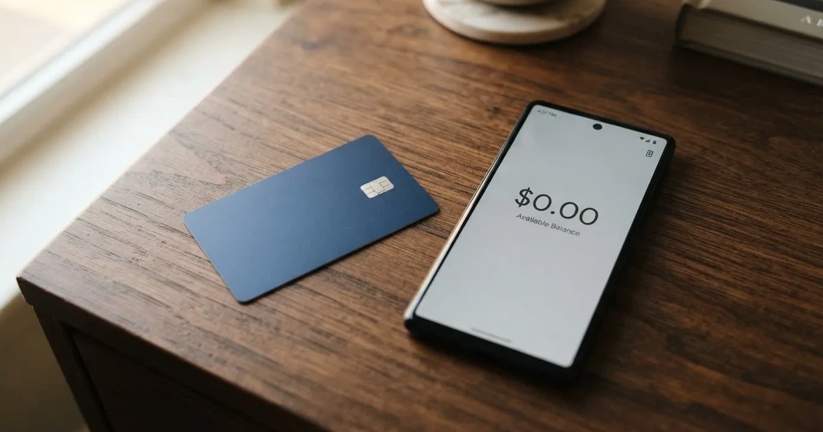 A payment card next to a phone with a crypto wallet app open