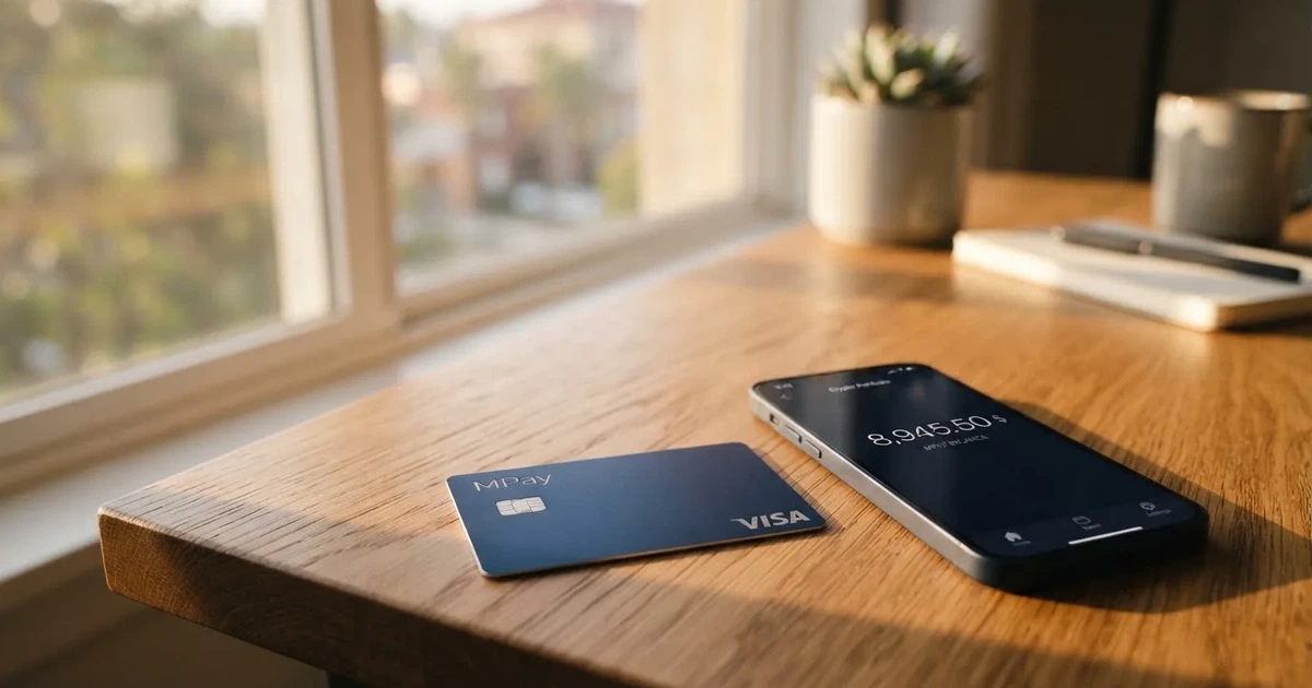 A payment card next to a phone with a crypto wallet app open