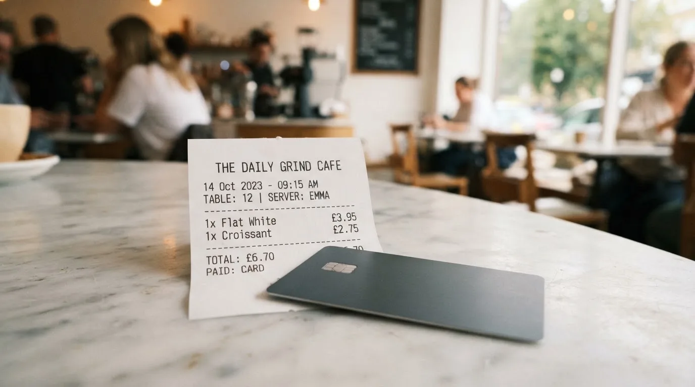 A receipt and a card on a café table