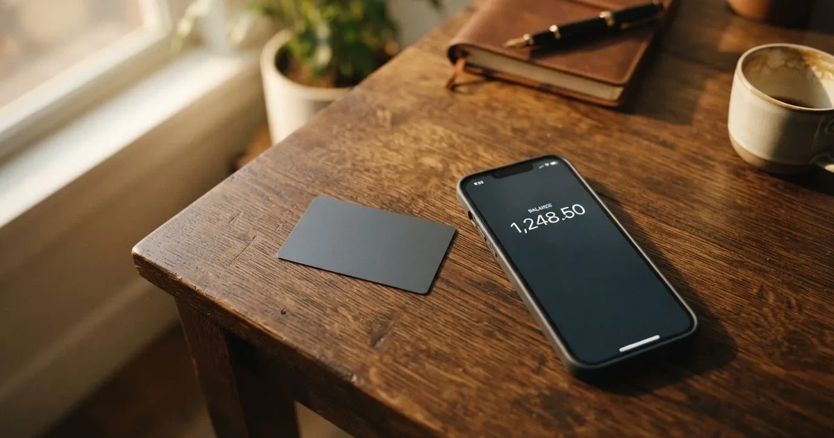 A payment card next to a phone with a crypto wallet app open