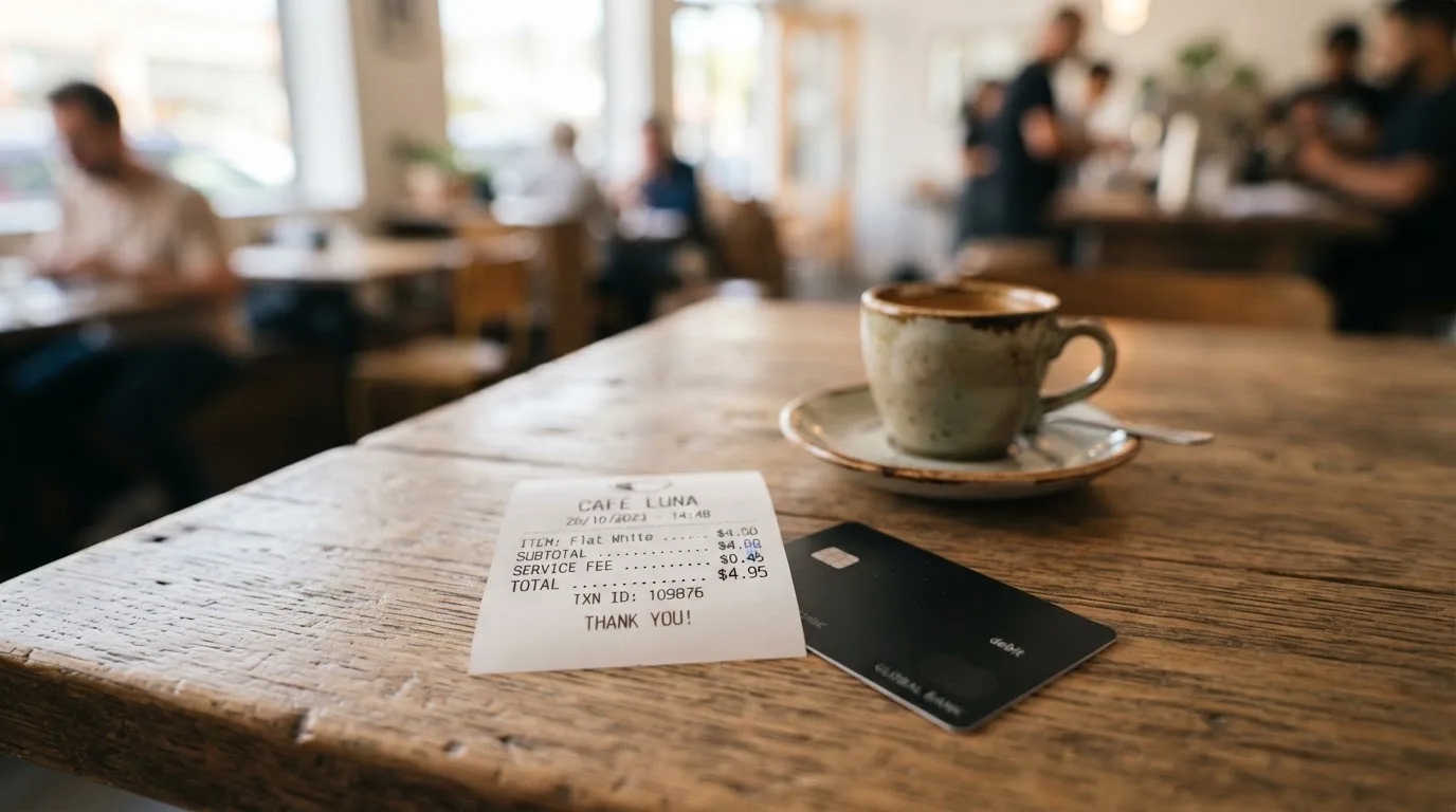 A receipt and a card on a café table