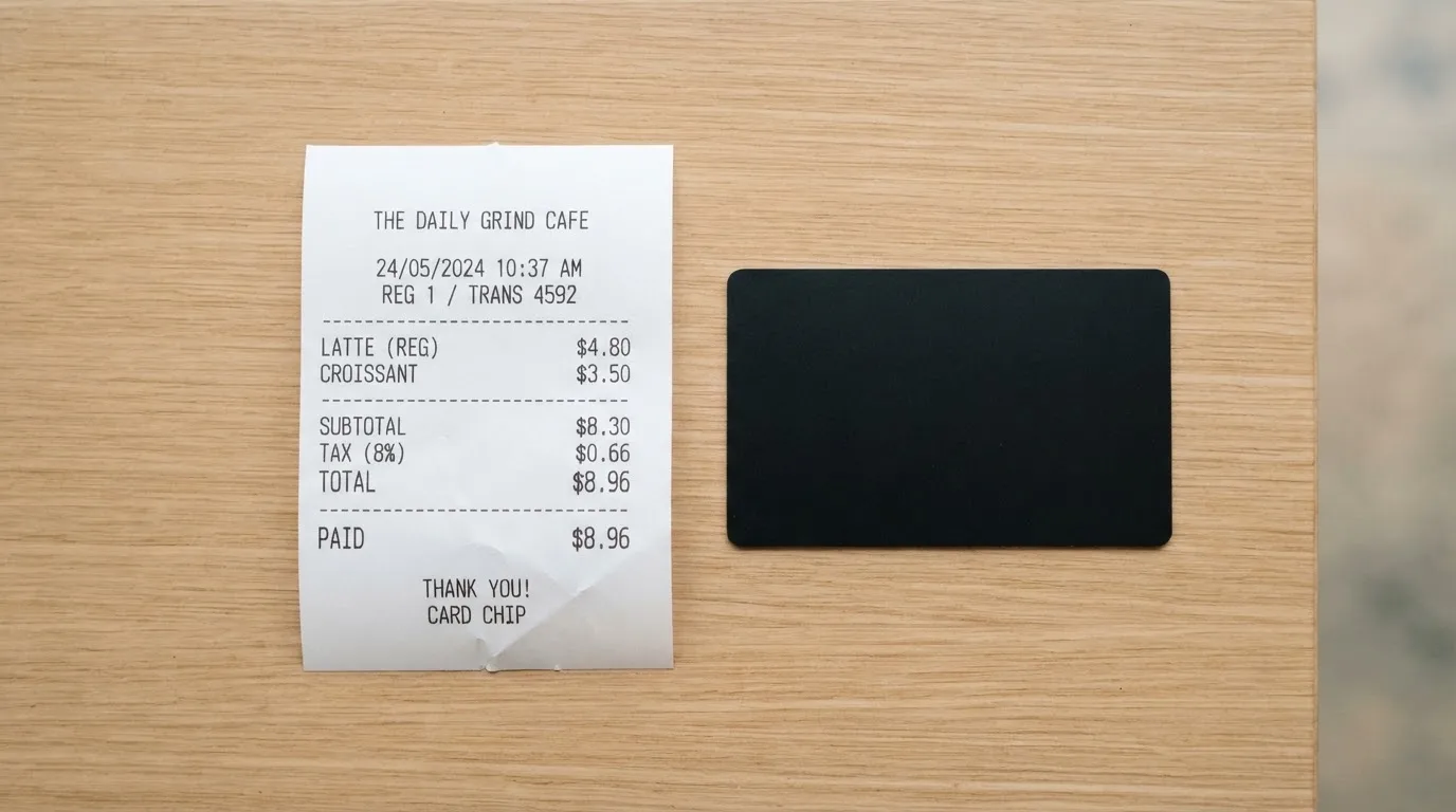 A receipt and a card on a café table