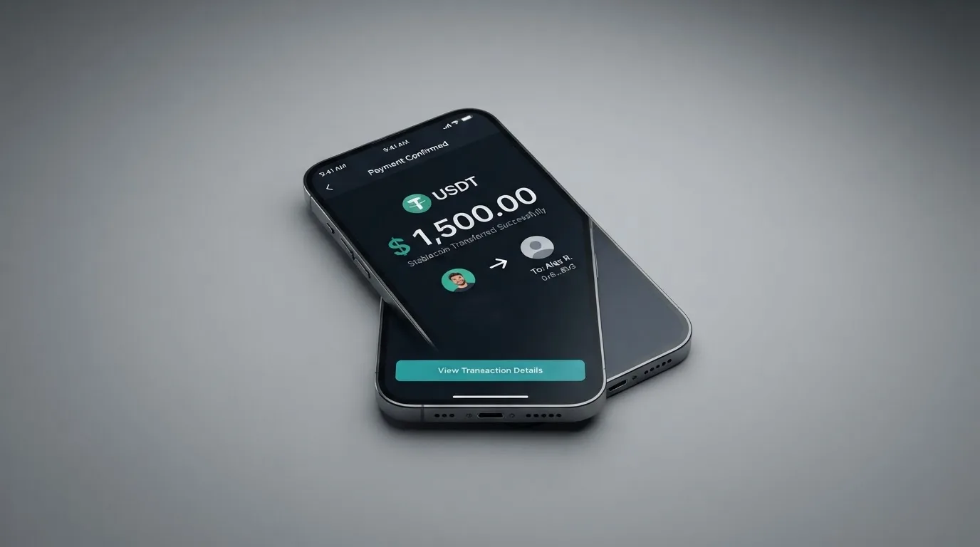 A phone showing a stablecoin transfer screen
