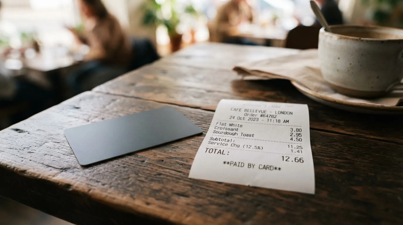 A receipt and a card on a café table