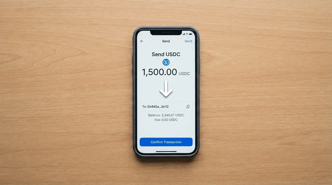 A phone showing a stablecoin transfer screen