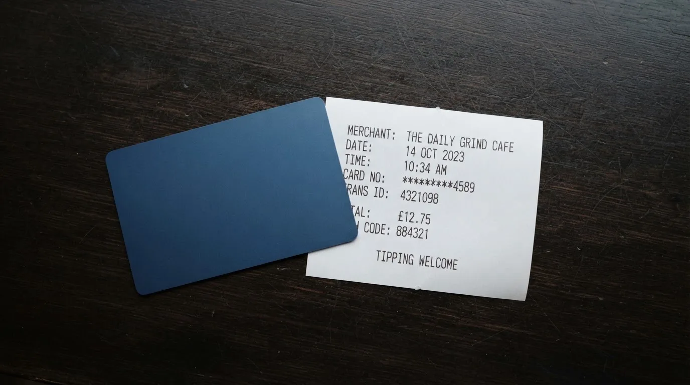A receipt and a card on a café table