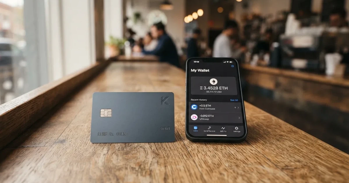 A payment card next to a phone with a crypto wallet app open