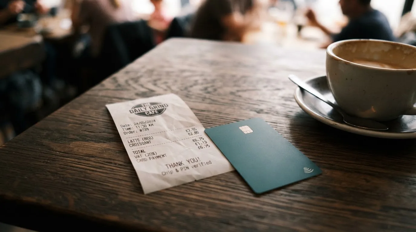A receipt and a card on a café table