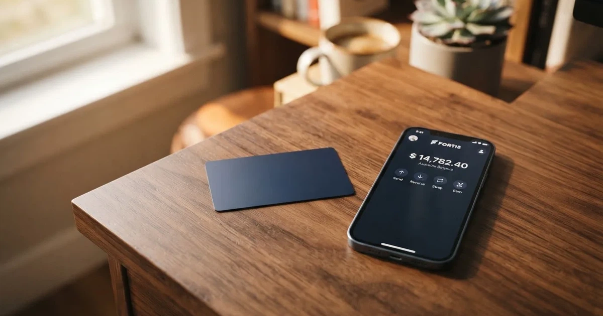 A payment card next to a phone with a crypto wallet app open