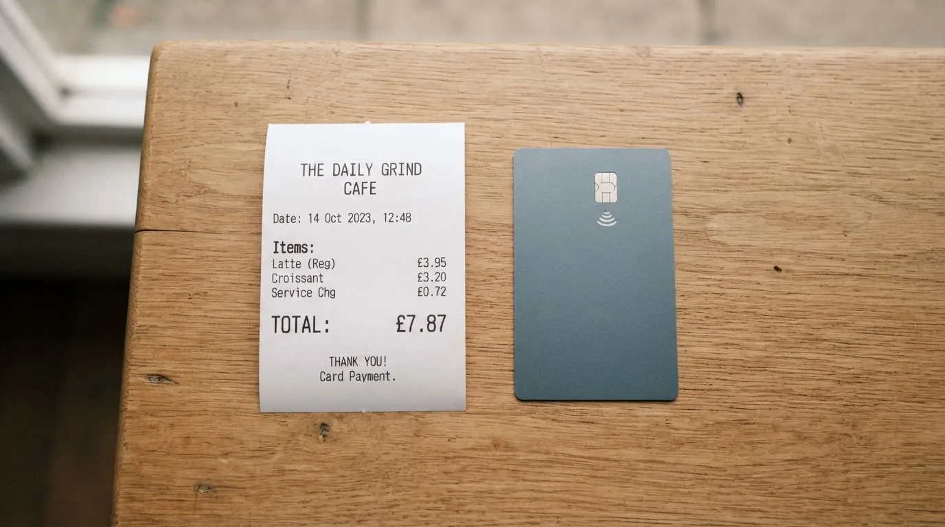 A receipt and a card on a café table