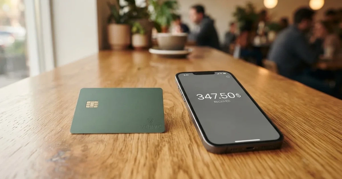 A payment card next to a phone with a crypto wallet app open