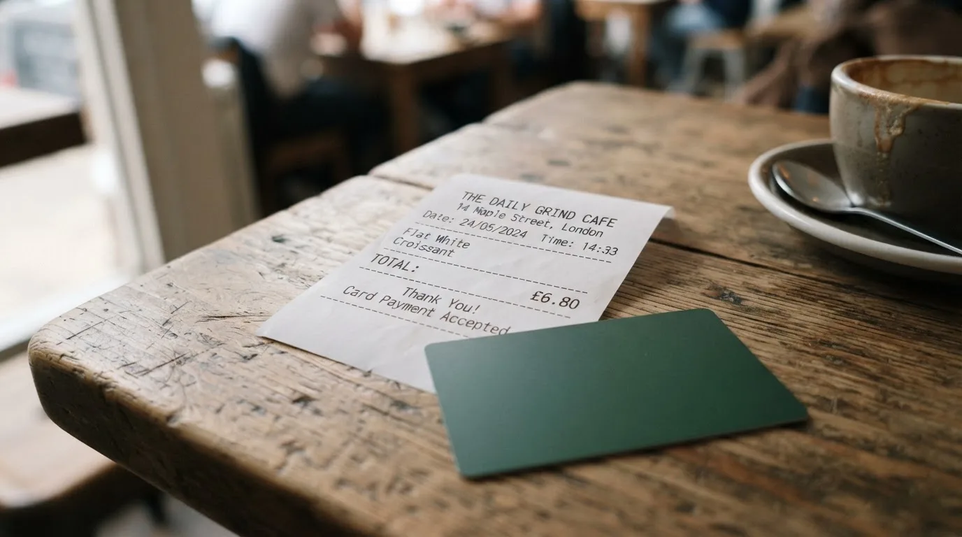 A receipt and a card on a café table