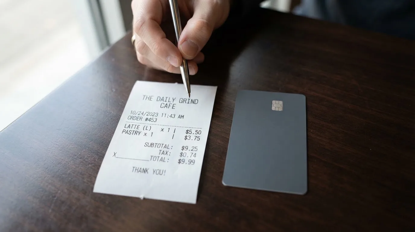 A receipt and a card on a café table